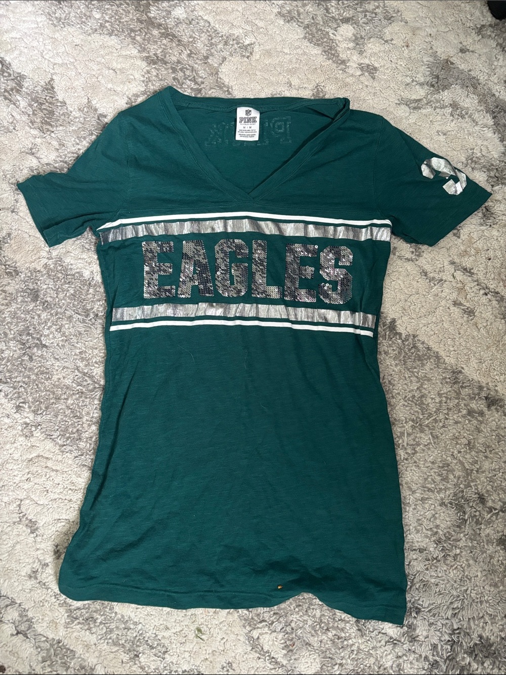 PINK Victoria's Secret Dark Green Sequin 'EAGLES' V-Neck Tee